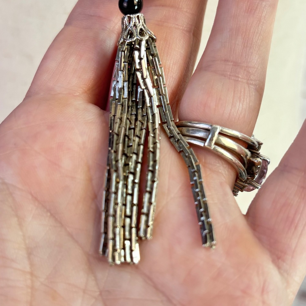 Vintage Tassel Medallion Necklace Black Silver Tone Metal Victorian Goth Boho - Picture 5 of 16